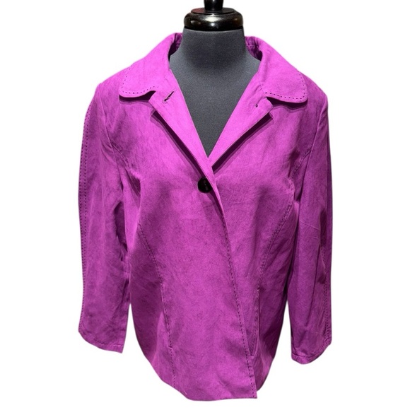Maggie Barnes Faux Suede Jacket 0X 14/16W Purple Animal Print Lining NWOT - Picture 2 of 7